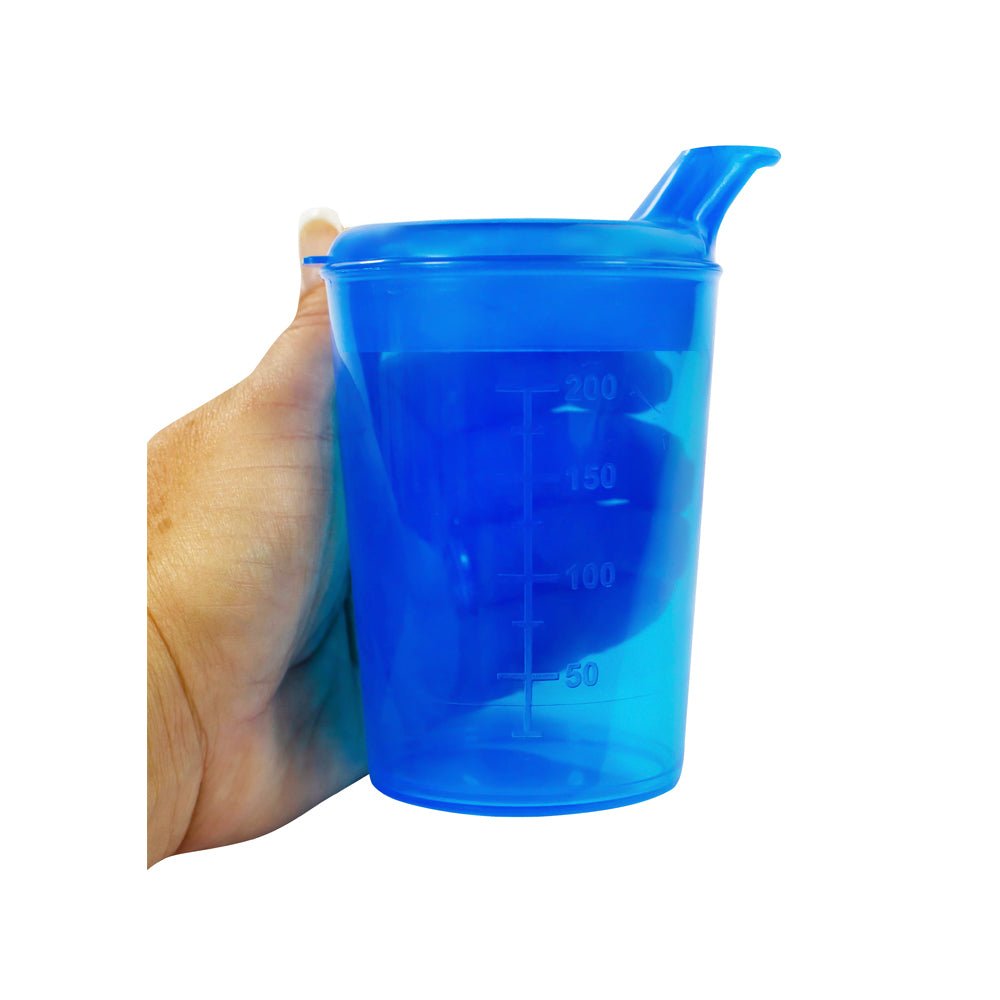 Medi - Inn Adult Drinking Beaker Blue 250ml with lid 12 x 10mm Spout - Discount Medical