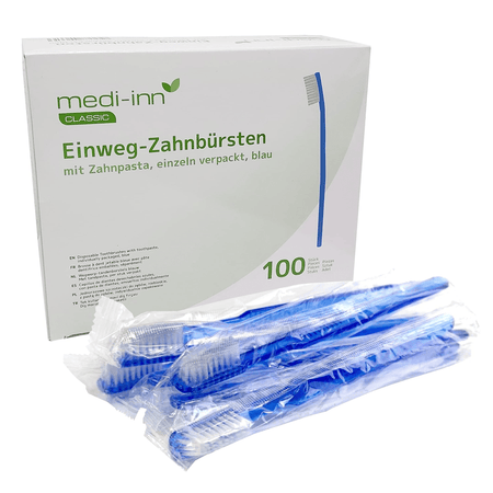 Medi - Inn Disposable Toothbrushes with Paste Blue in polybag - 100 Pack - Discount Medical